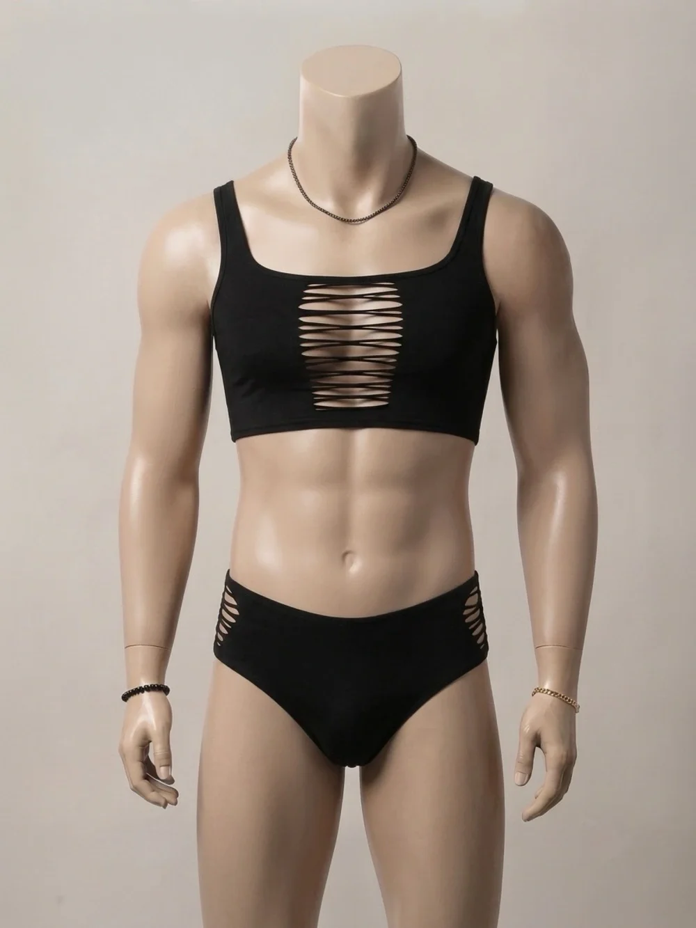 Men's Black Cutout Tank and Brief Set | OS